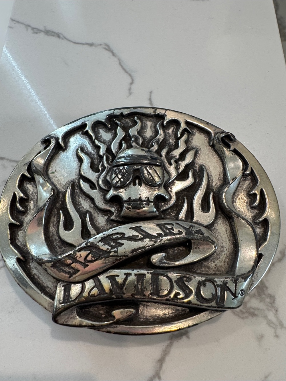 Harley-Davidson Silver Flame Skull Belt Buckle Emblem